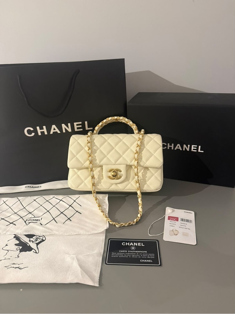 CHANEL Cream Quilted Top Handle Flap Bag with Gold Hardware